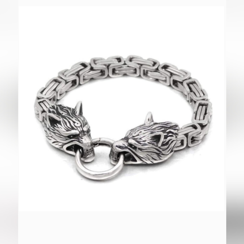 Wolf Head Bracelet Stainless Steel Nordic Viking 9" L gift box Mens NEW NWT